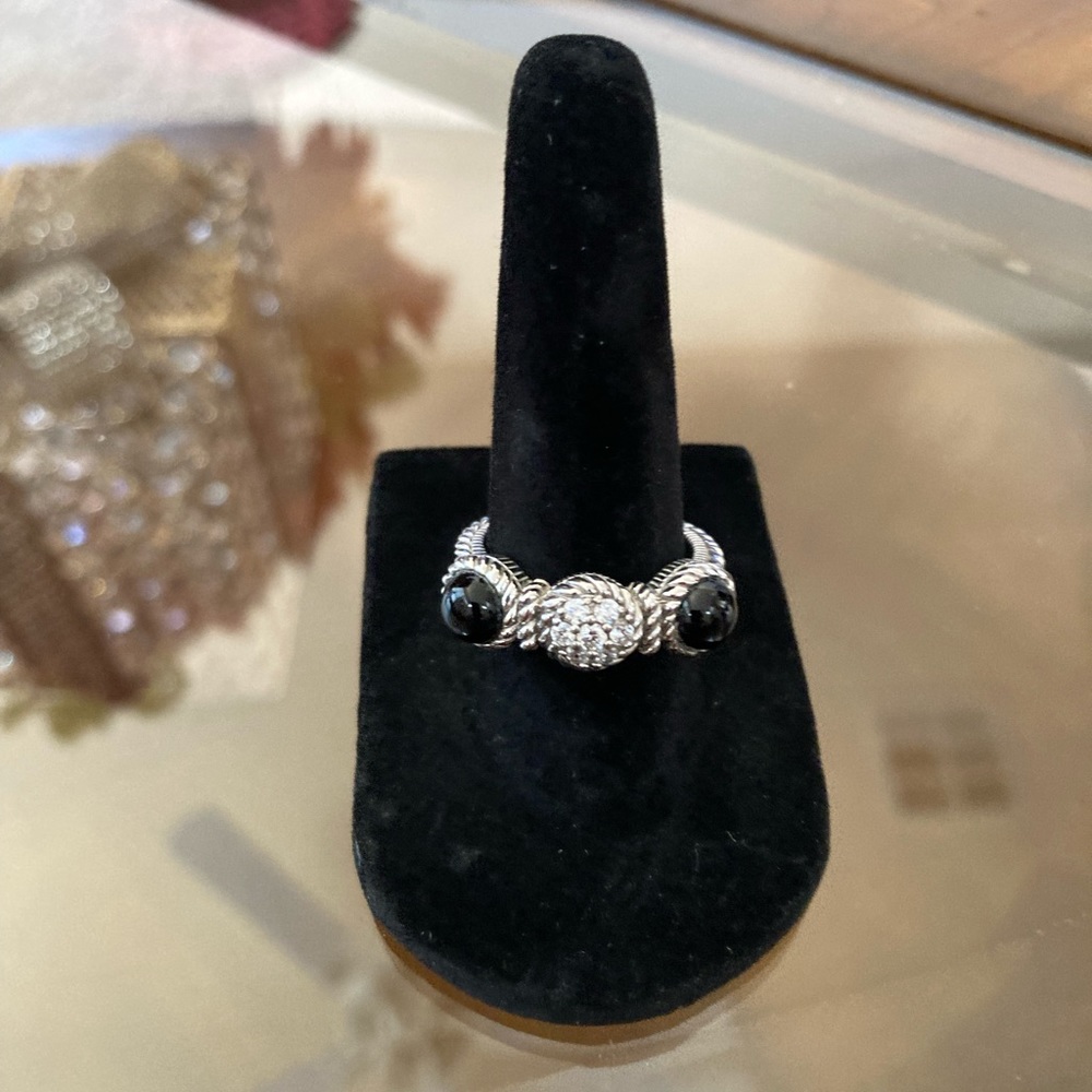 Pre-Loved Judith Ripka Sterling Silver Textured Onyx/Cubic Zirconia Band Ring